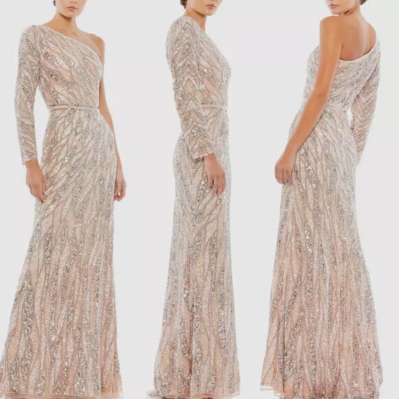 MAC DUGGAL 4982 EMBELLISHED ONE SLEEVE W/ SEQUIN BELT ROSE GOLD GOWN sz 8 - Picture 1 of 6